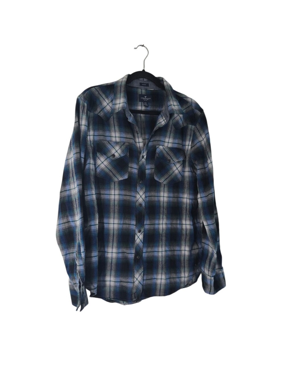 American Eagle Outfitters Men's Blue Plaid Snap -Up Shirt Slim Fit